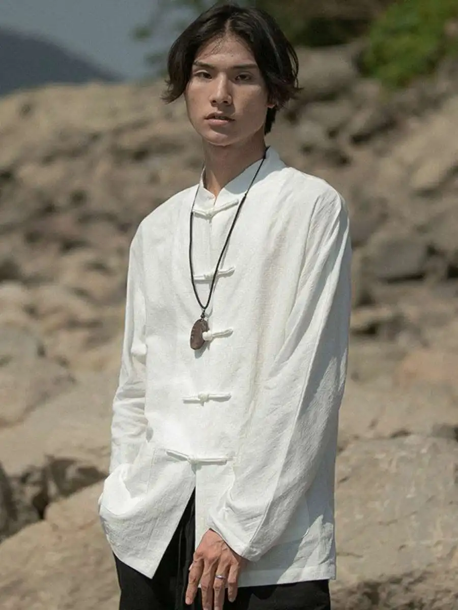 

Мужской китайский Sle в стиле ретро, льняной, хлопковый, льняной, длинный воротник-стойка, Zhongan irt, осенний, Thiened Fce на подкладке