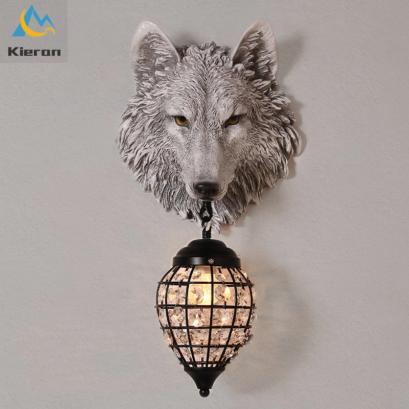 Nordic Moderne Wolf Kopf Led Wand Lampe Schlafzimmer Studie Bar Hotel Nacht Kristall Wand Lampen Wohnzimmer Dekoration Harz Wand licht