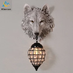 Nordic Modern Wolf Head Led Wall Lamp Bedroom Study Bar Hotel Bedside Crystal Wall Lamps Living Room Decoration Resin Wall Light