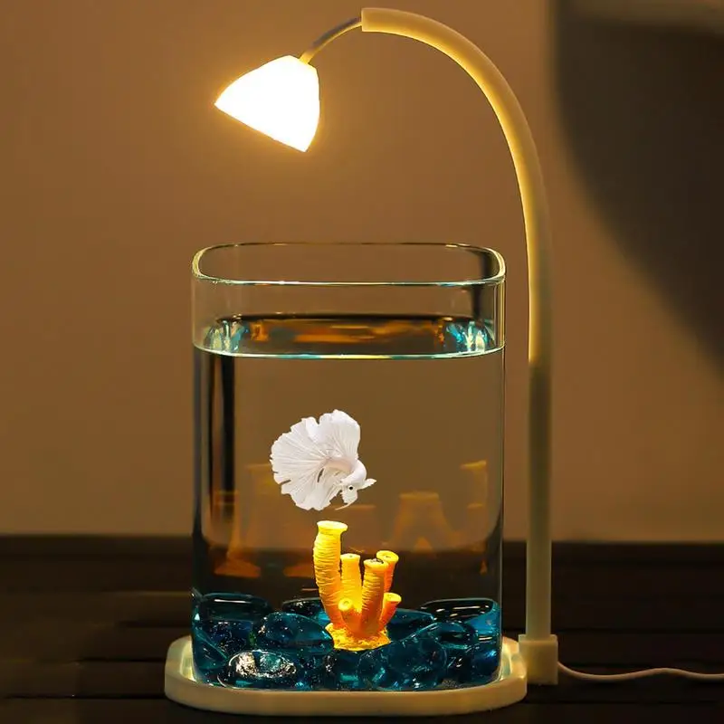 Landscaped Glass Fish Tank Aquarium Tank With Night Light And Green Crystal Fighting Fish Desktop Fishbowl For Fish and Shrimp