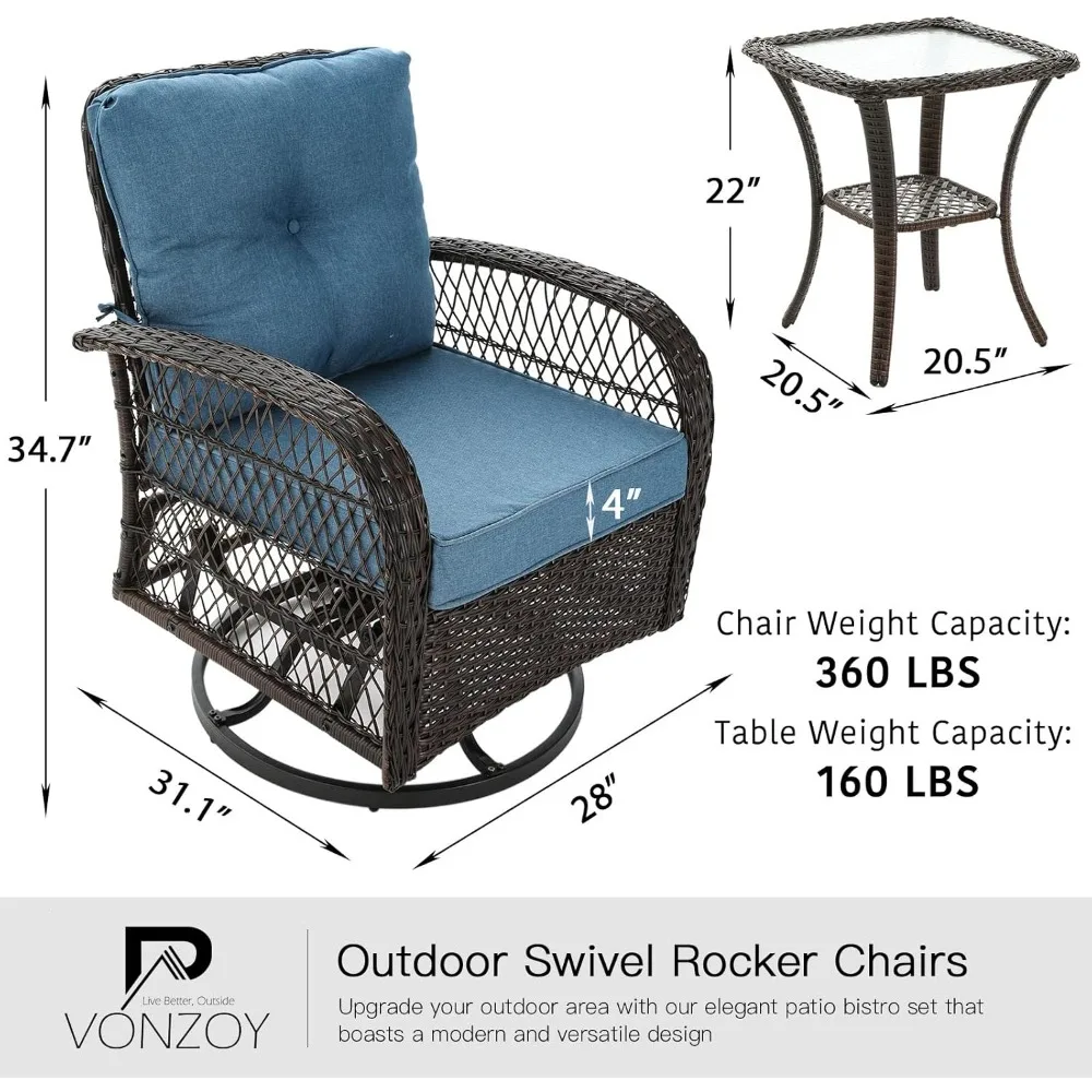 Wicker Patio Bistro Set with Rocking Chair, Outdoor Furniture Set, Swivel Glider Rocker, Almofadas espessadas e mesa