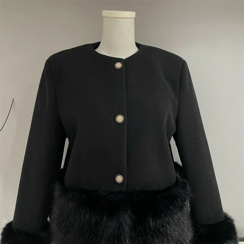 2024 Fall Winter Women Long Sleeve Woolen Fabric Faux Fur Single Breasted Coat Mini Skirt Solid Color Black Warm Matching Sets