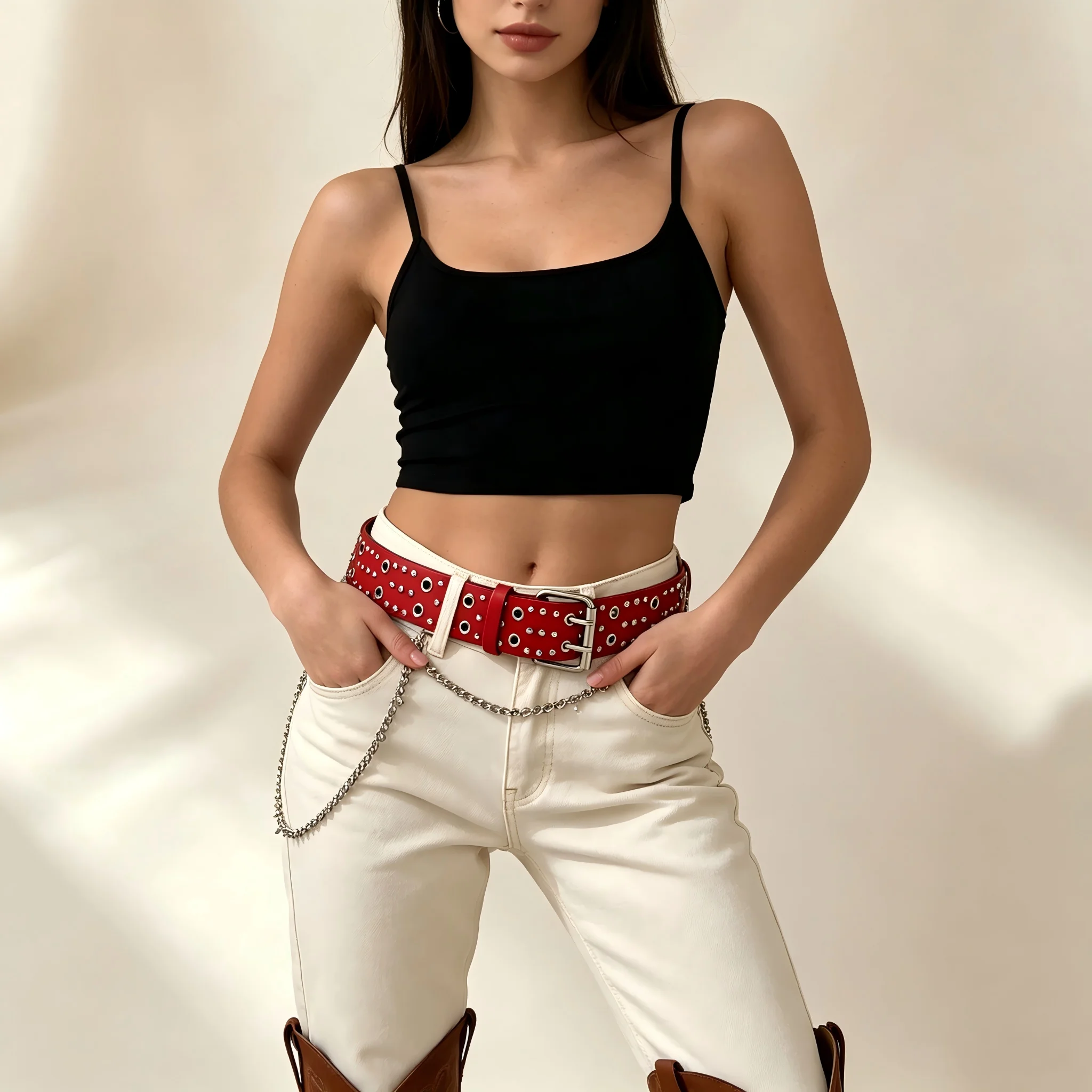 1 piece of women's belt with red studs and eye-catching Y2K punk style, paired with jeans and skirt, suitable for daily