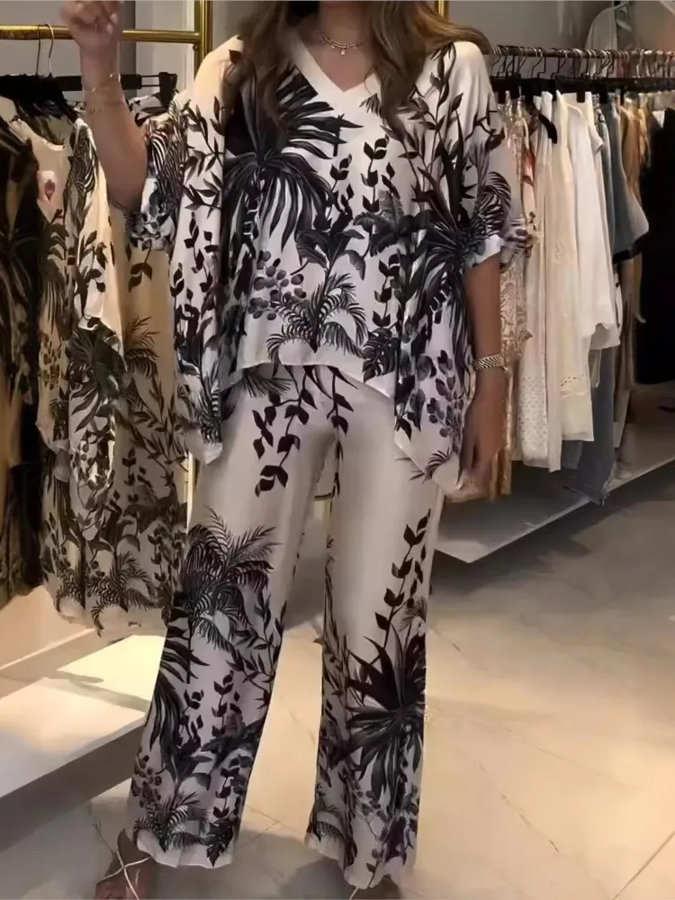 Elegant Two Piece Office Suit 2024 Women Print Loose Outfit Lady Fashion V-Neck Short Sleeved Tops&Wide Leg Pants 2 Piece Set