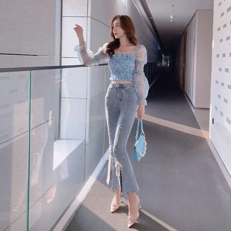 

Шикарные и элегантные эластичные брюки с разрезами Y2k Роскошные дизайнерские женские укороченные расклешенные джинсы с высокой талией Женские ковбойские брюки