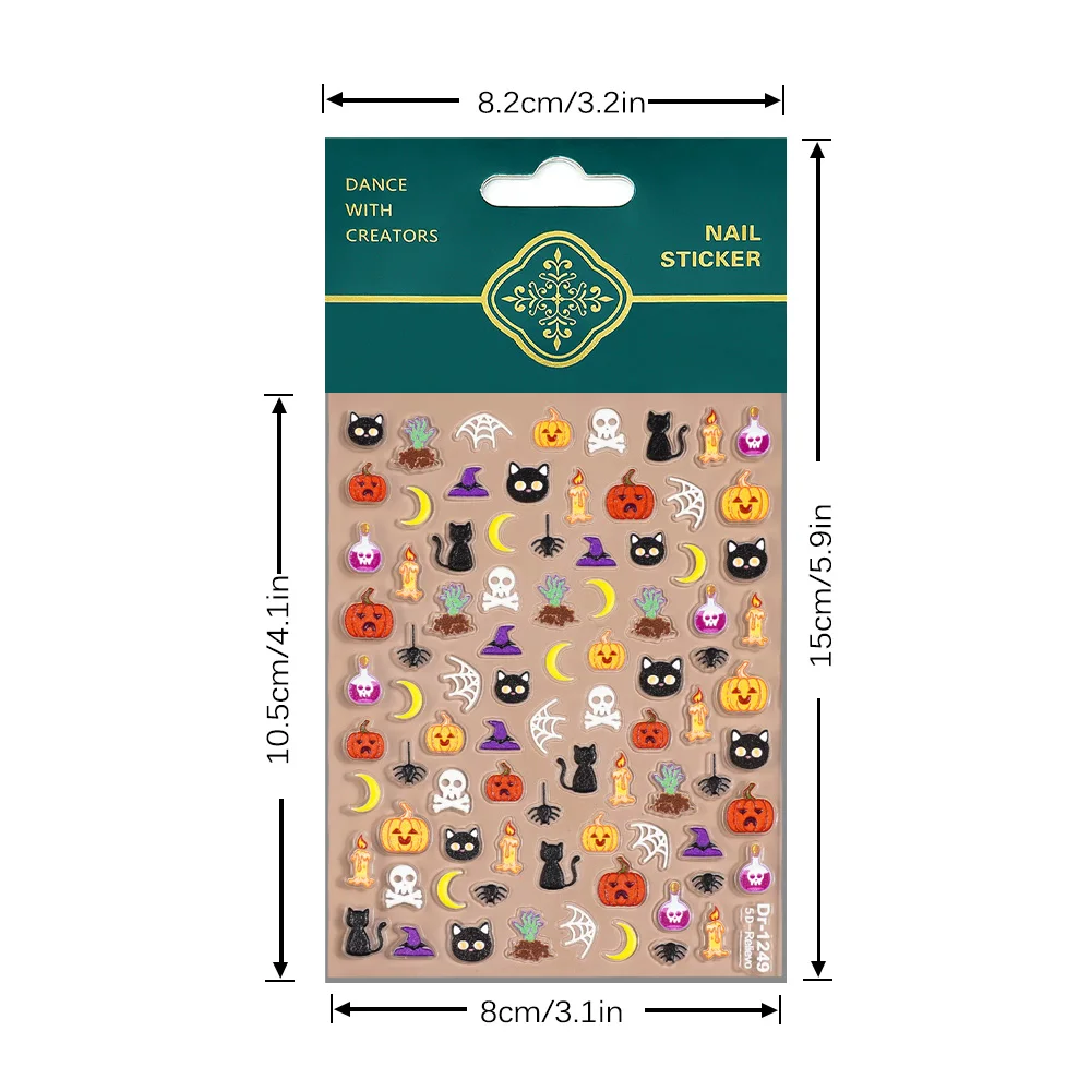 1/5/10pcs Pumpkin Cat Skull Witch Hat Nail Stickers 5D Embossed Halloween Nail Art Stickers For DIY Manicure Decoration Decals