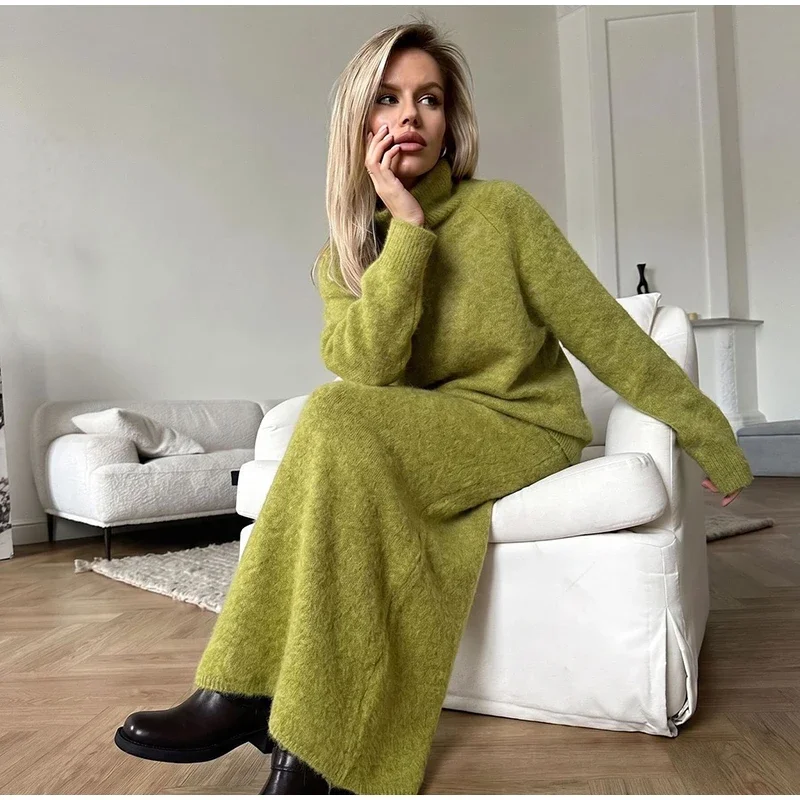 Damenrock 2-teiliges Set, gestrickter Rollkragenpullover mit langen Ärmeln, gerade lange Röcke, schicke einfarbige Outfits für Frühling und Herbst. – Detail 12