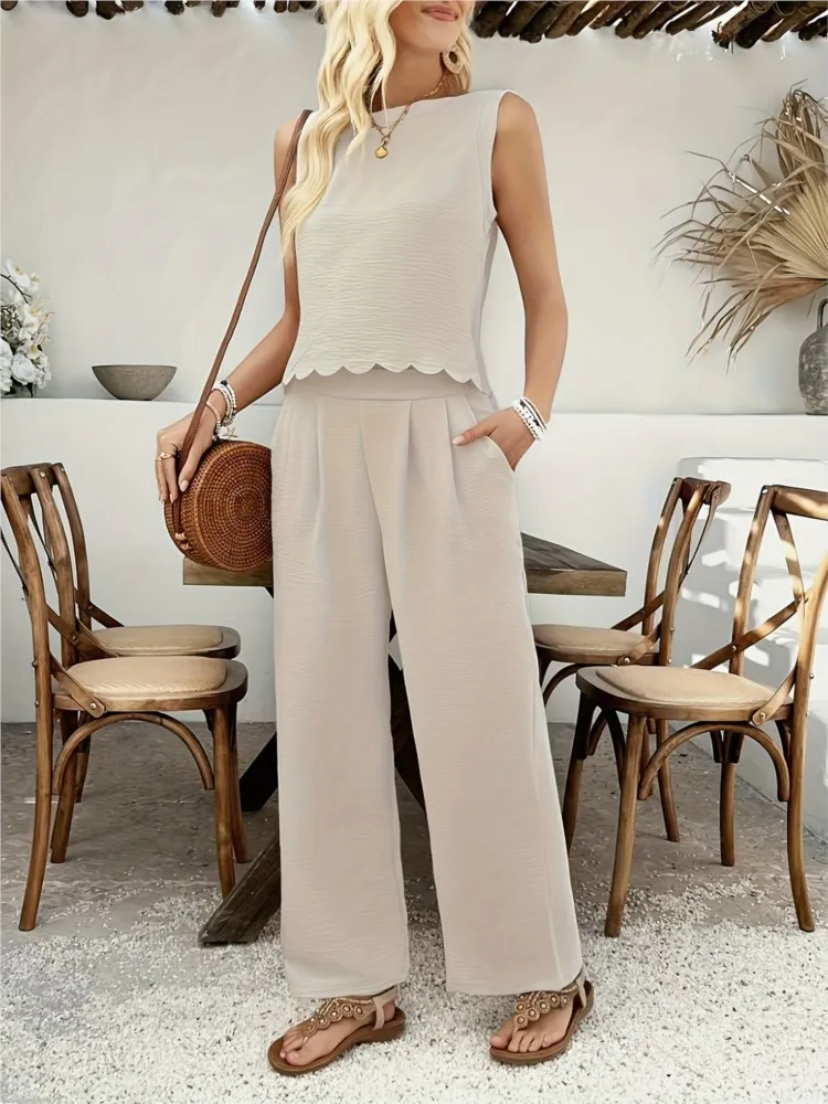 Summer Women's Casual Two-piece Set Solid Color Sleeveless Vest Hollow Out Lace Up Top Wide Leg Pants Suits Fashion Commute