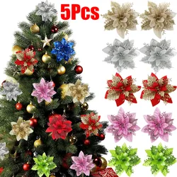 5pcs Christmas Flowers Glitter Artificial Poinsettia Floral Xmas Tree Ornaments DIY Garlands Home Wedding Party Decorations Gift