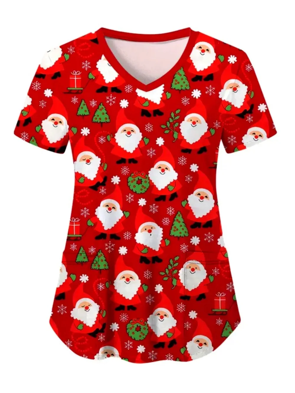 Krankenpflegeuniformen Frau Weihnachten Schneemann Cartoon Print Gesundheitswesen Krankenschwester Schnelltrocknend V-Ausschnitt Kurzarm mit Taschen Scrubs Frau