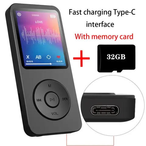 MP3 Player Type-C Interface Fast Charging Port (with 32GB Memory Card) 5.4 Bluetooth Version Music Player FM Recording E-book