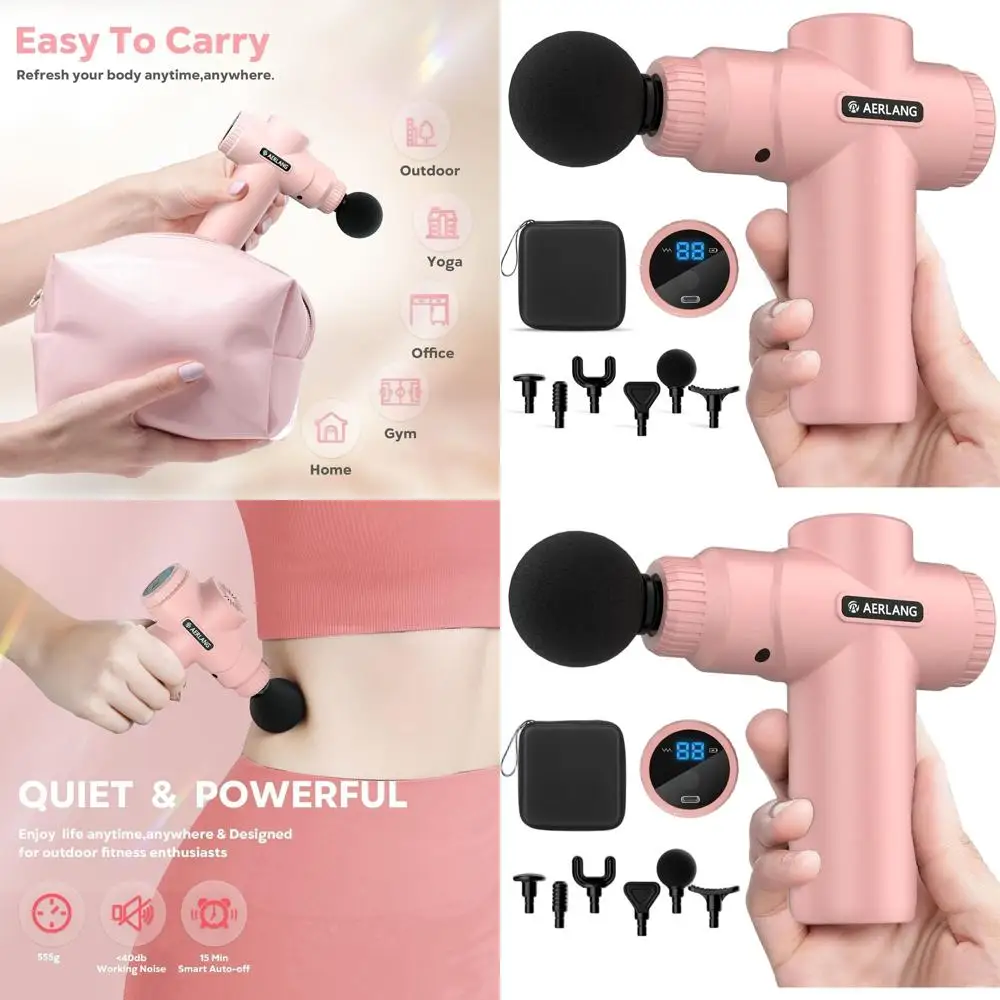 

Портативный розовый массажный пистолет для глубокого массажа тканей, бесшумный ручной перкуссионный массажер с чехлом для переноски для дома, офиса и спортзала - Ideal Moth