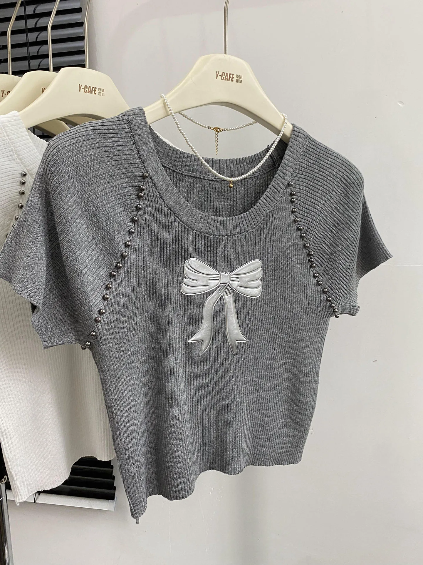 Women\'s Grey T-shirt Harajuku Korean Y2k Bow Tee Top Aesthetic Fashion Vintage Short Sleeve O-Neck T-shirts 2000s Clothes Summer