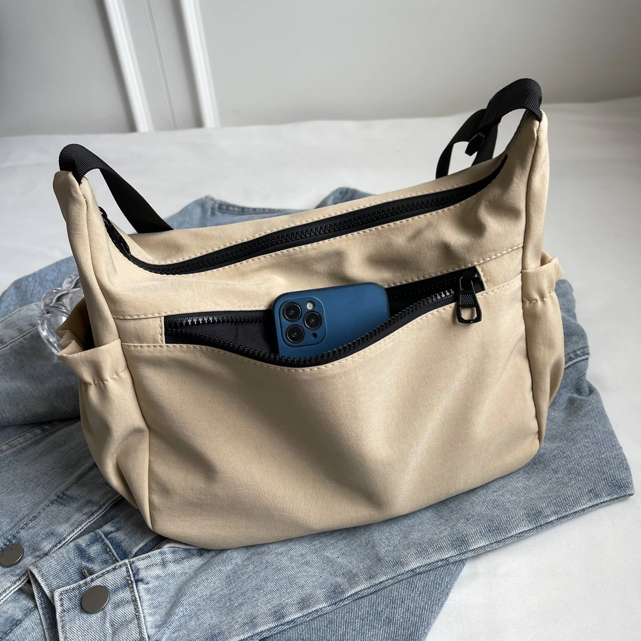 Solid Cloth Crossbody Bags Women Korea Style Nylon Messenger Bags Large Many Pocket Shoulder Bags Simple Casual Satchels