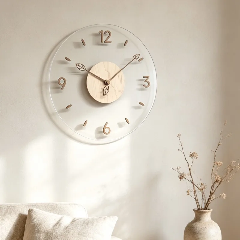 Minimalist Walnut Wood Leaf Mark Wall Clock, Transparent Silent Hanging Clock for Home Wall Decor