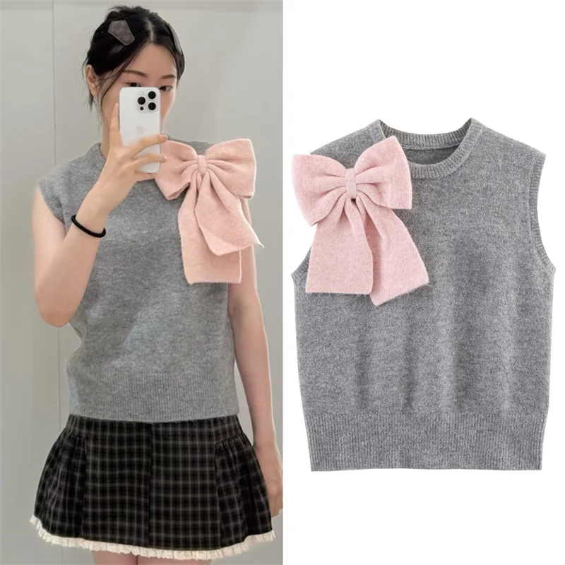 

Женский вязаный жилет в ленивом стиле с бантом, топ без рукавов, осенняя модная повседневная женская одежда с круглым вырезом