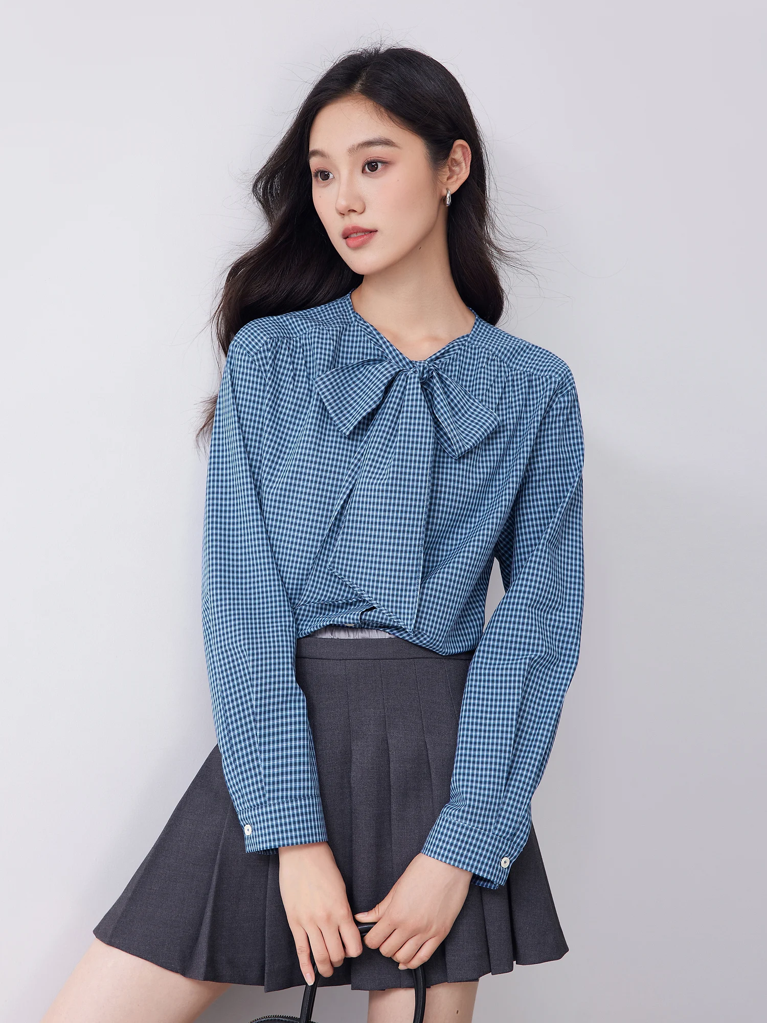 

Pure Cotton Plaid irt with Ribbon Knot Design Fall New Sle Women's Breathable Comfortable Long Sve...