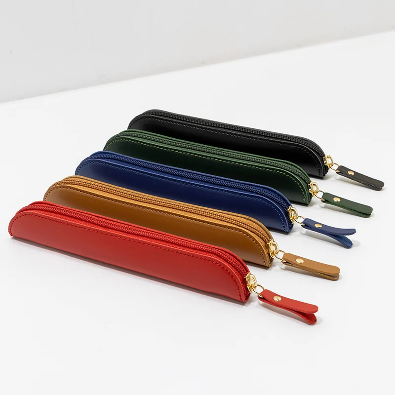 Retro Leather Pencil Case Student Pencil Box Stationery Bag Multi-functional Zipper Pen Storage Bag