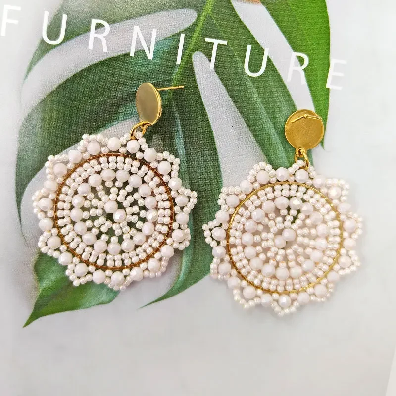 

Beaded earrings Roundness lace Tide Simple Hand knitting Bohemia Originality Crystal Alloy Rice bead earrings