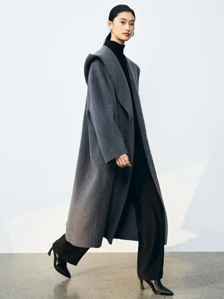 Office Lady Cashmere Woolen Jackets 2024 Autumn And Winter High-Grade Hooded Bathrobe Style Loose Lace-Up Long Women Wool Coats