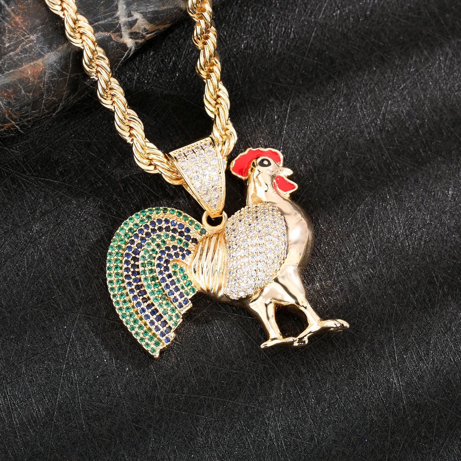 Crystal zircon pendant 14k 45*42mm 17.3g original animal rooster pendant men and women hip hop gift pendant necklace