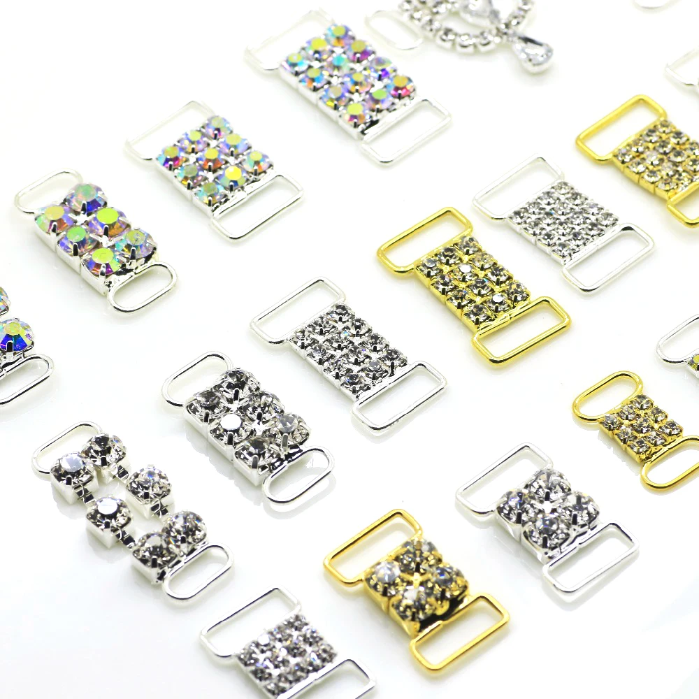 New Hot 10Pc/Lot Mix Size 22 styles Wholesale Cheap Two Color Crystal Buckles Rhinestone Bikini Connector Ribbon Clothing buckle