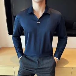 Polo especial de manga larga con cuello en V para hombre, camiseta con solapa sin rastro y elasticidad de alta calidad, Top ajustado con cuello de blusa marrón