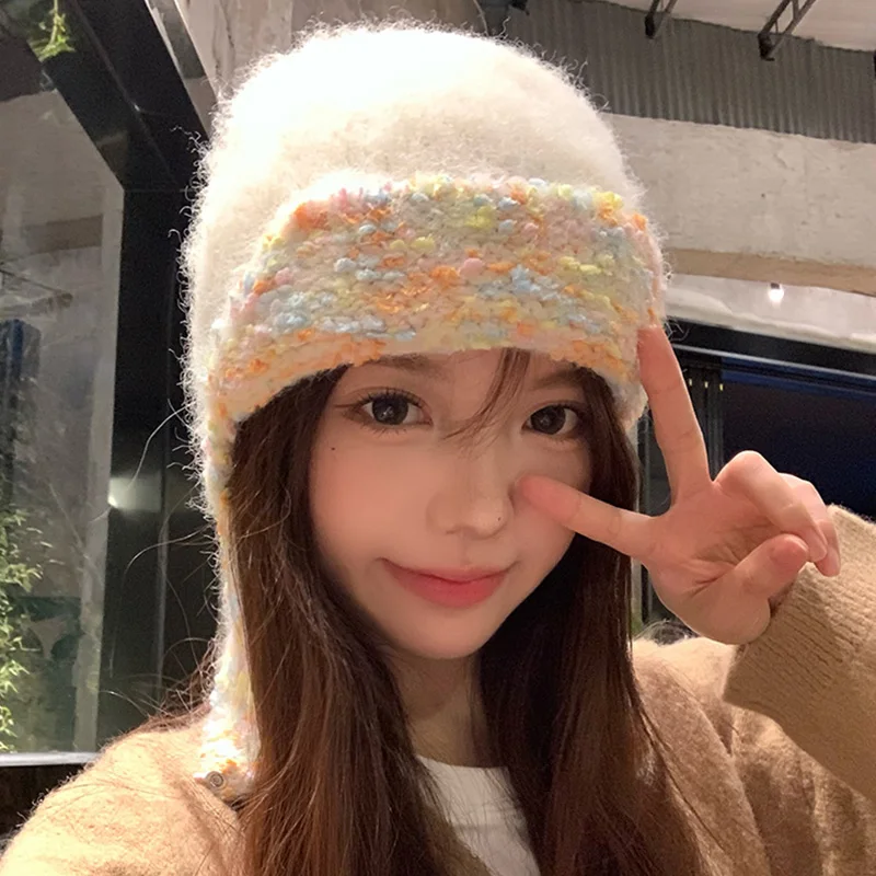 Korean New Color Splicing Sleeve Flying Hat Women's Trend Autumn and Winter Versatile Knitted Ear Protectors Warm Bomber Hats