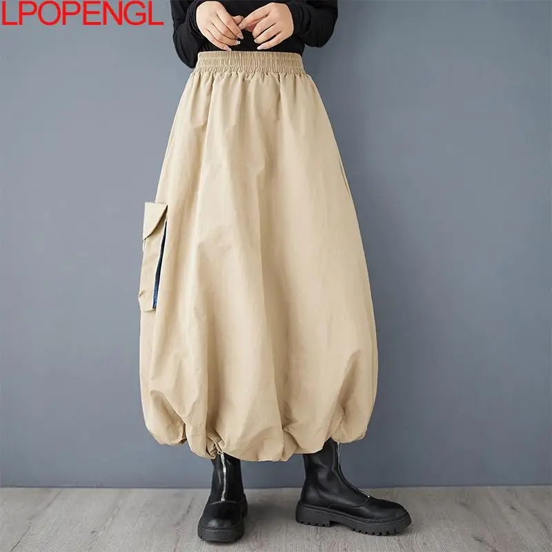 Fashion Spring And Summer Loose Casual Three-dimensional Pocket Denim Stitched Women\'s Mid-length Elastic Waist Vintage Skirt