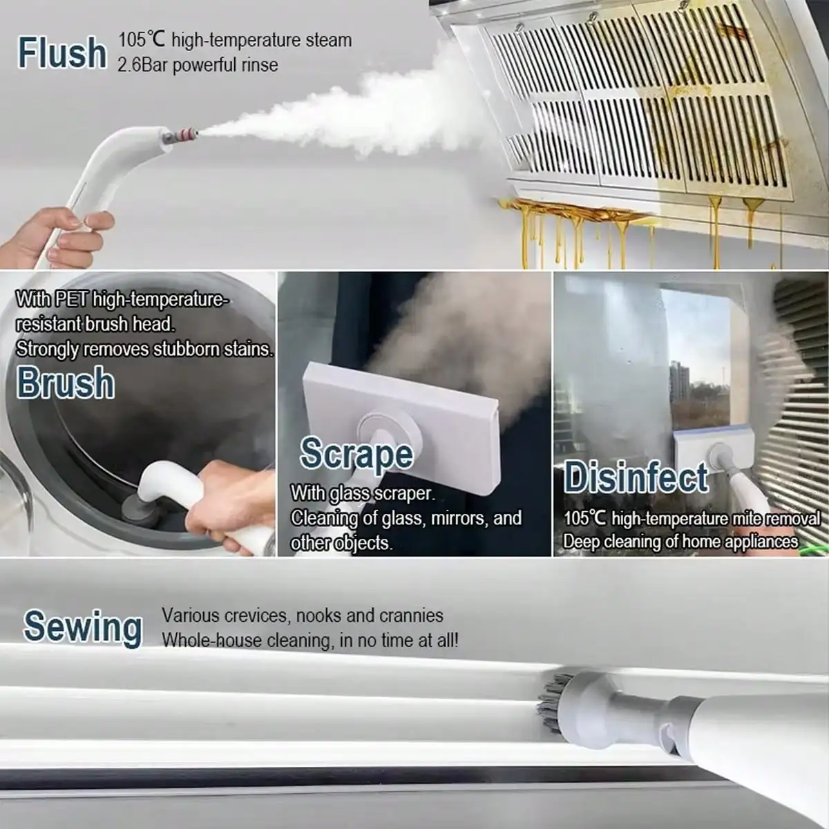 Powerful 1200W Handheld Steam Cleaner, High Pressure Portable Deep Clean for Home, Car, Kitchen with Brush Heads