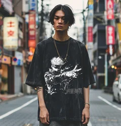 Anime Jujutsu Kaisen Y2K yıkanmış Tshirt, Gojo Satoru Unisex boy gömlek, Streetwear Vintage yıkanmış kısa Tshirt 12 renkler