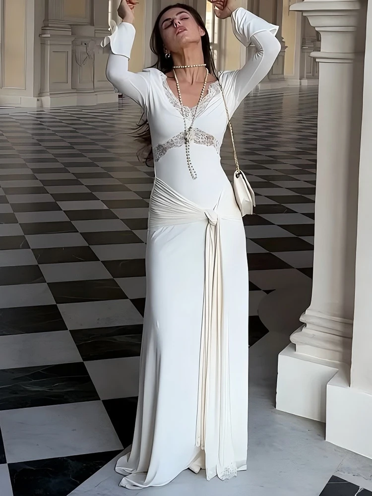 فستان ماكسي Sibybo بأكمام مضيئة ثنيات مكشكشة للنساء من الدانتيل المرقعة ورقبة على شكل V فساتين ضيقة أنيقة ومثيرة للحفلات