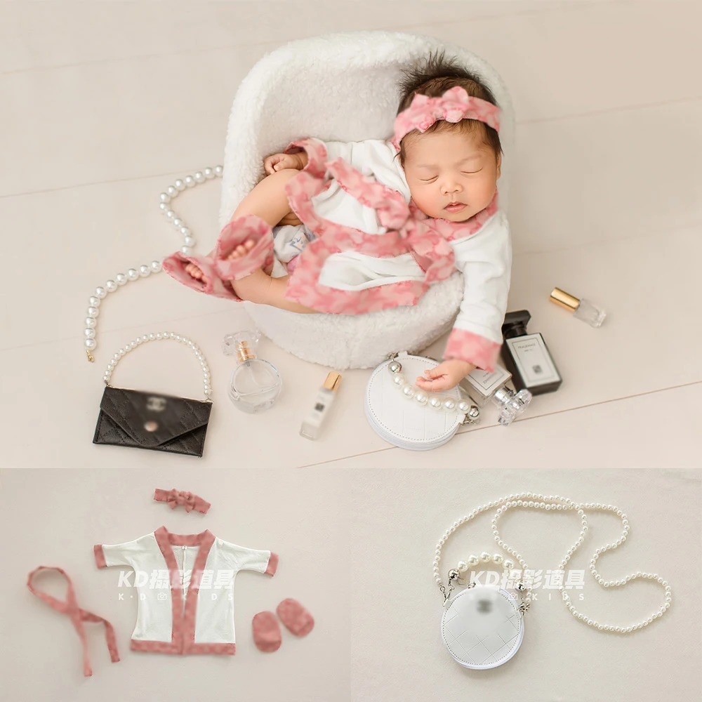 Baby Girls Bathrobe Newborn Spa Photography Costume Bow Tiara Slippers 4pcs/Set Pearl Necklace Studio Shooting Decorative Props