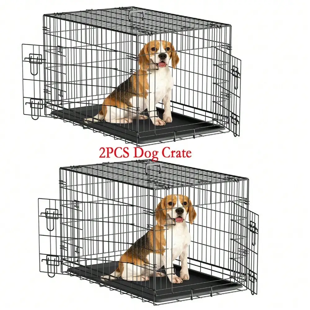 

2PCS 36" Dog Crate Kennel Folding Metal Pet Cage 2 Door With Tray Pan Black