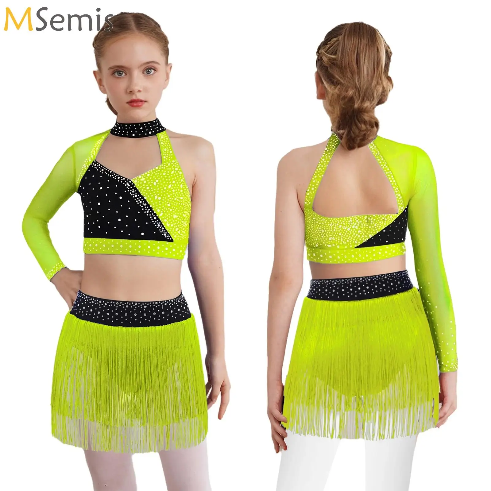 

Kid Girls Latin Ballet Dancewear Set Lyrical Modern Contemporary Rhinestones Crop Top+Tassel Skirt Rhythmic Gymnastics Costume