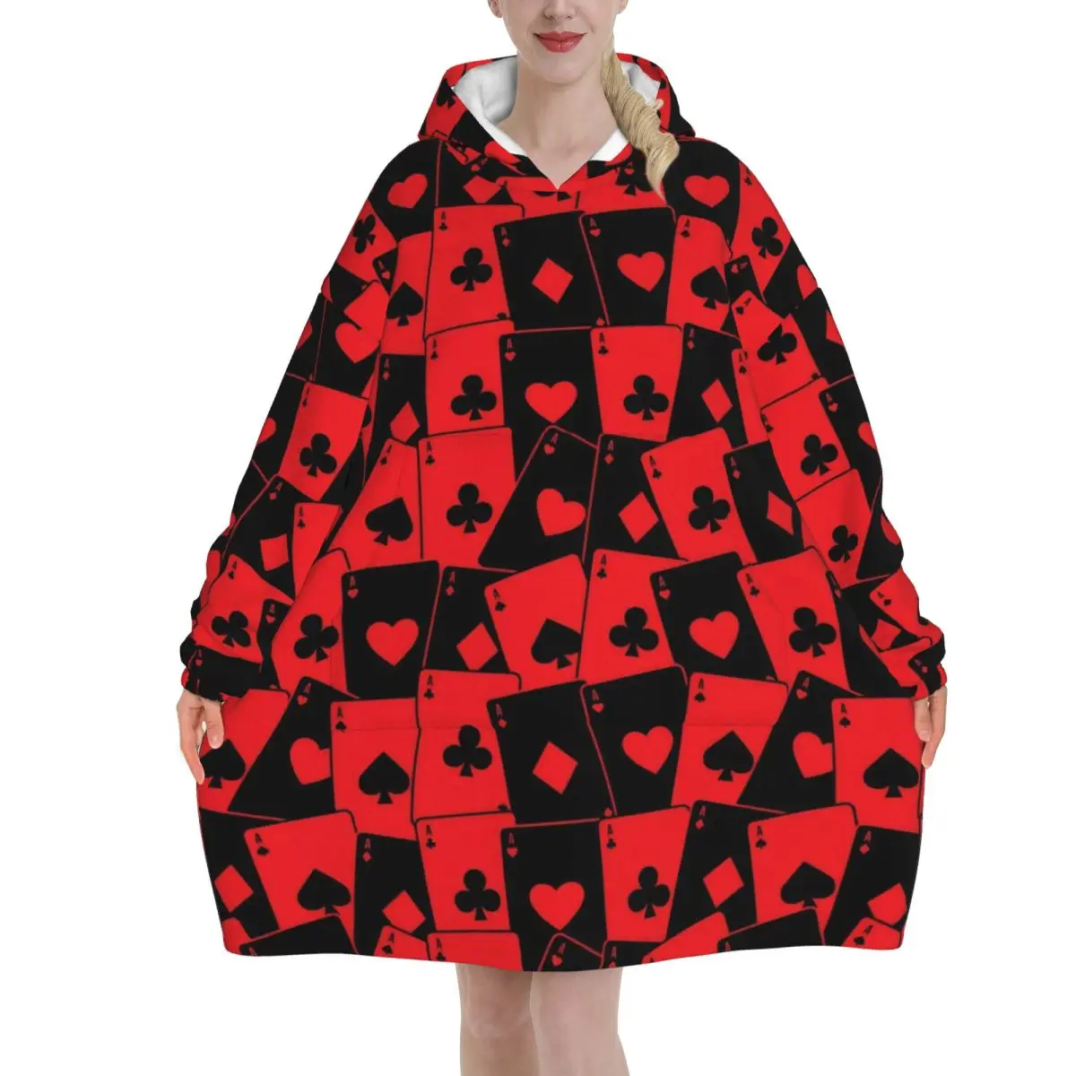 Playing Cards Suit Symbols Blanket Hoodie Oversized Wearable Sweatshirt Blanket Warm Gifts for Women Girls Girlfriend