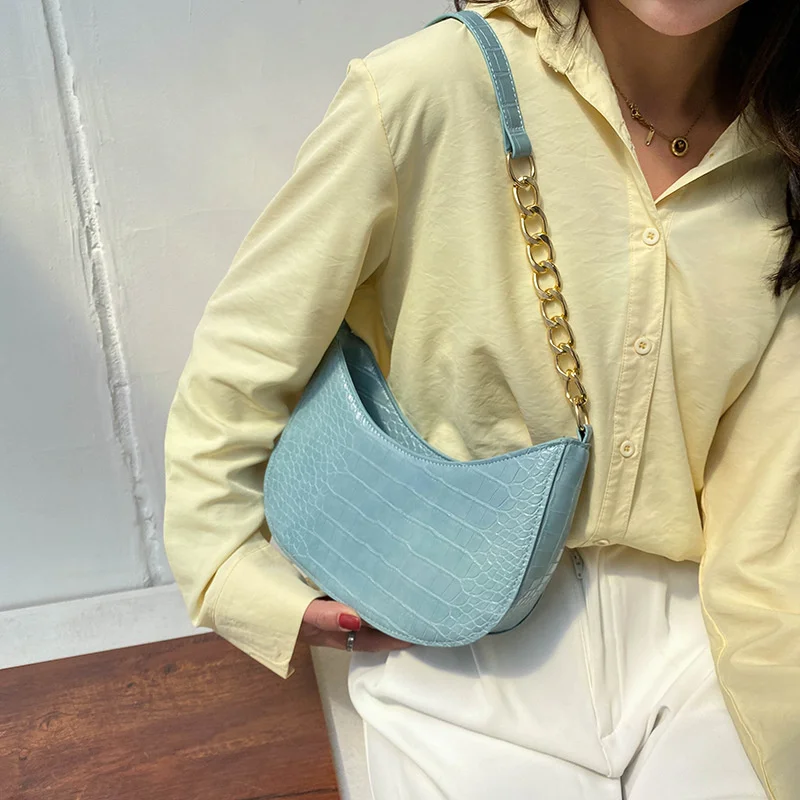 Elegant Armpit Sling Handbags Solid Color Women PU Leather Shoulder Bags Simple Messenger Chain handbag for