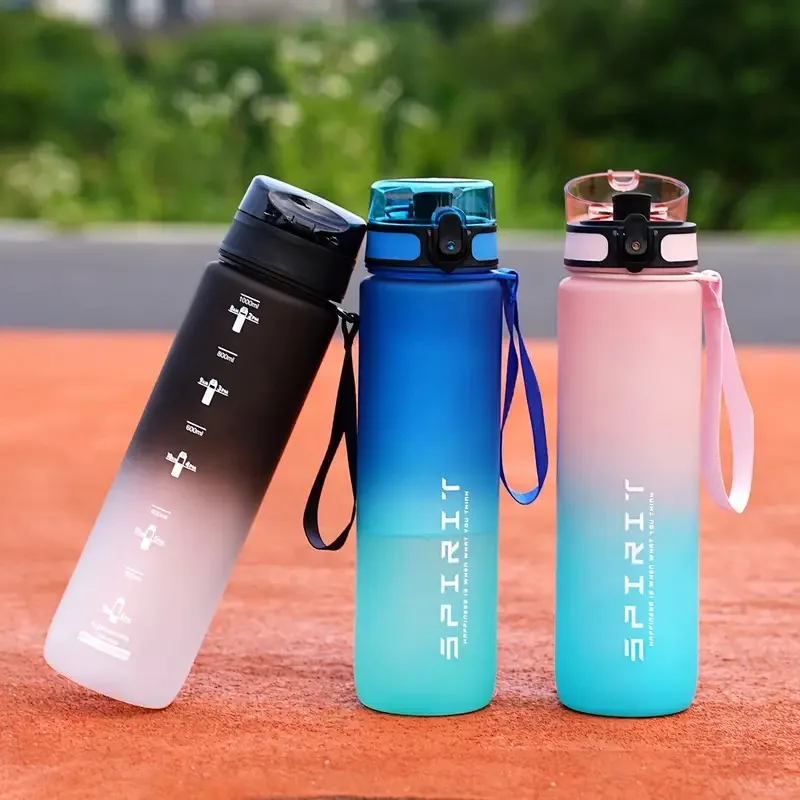 1L Large Capacity Sports Water Bottle with Time Marker Leakproof Straw Water Cups for Outdoor Travel Fitness Drinkware Unisex