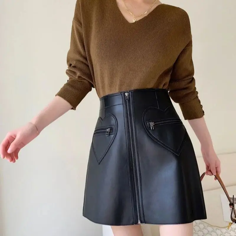 New Fashion Pu Leather Skirt Women Heart Sharp Pocket Elegant High Waist Slim Zipper A-line Short Skirts Spring Autumn Mini Jupe