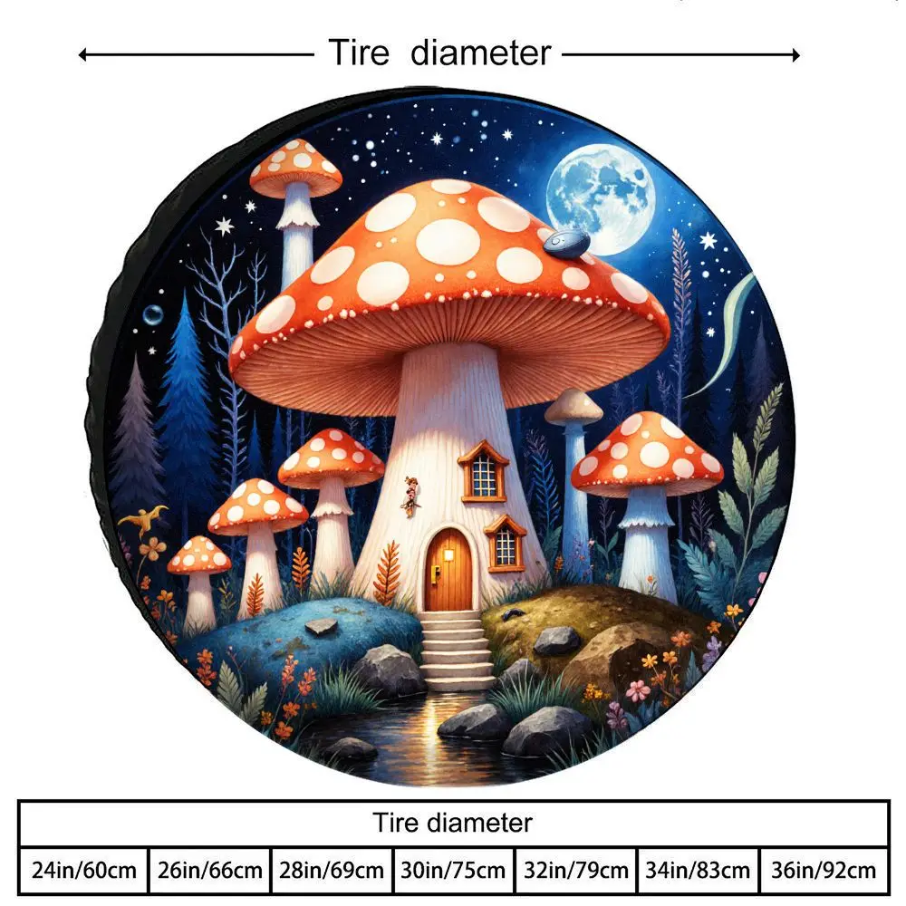 Tire Cover With A Dreamy Forest Mushroom House Print, Made Of Polyester Fiber, Featuring Exquisite Patterns That Are Not Easy To
