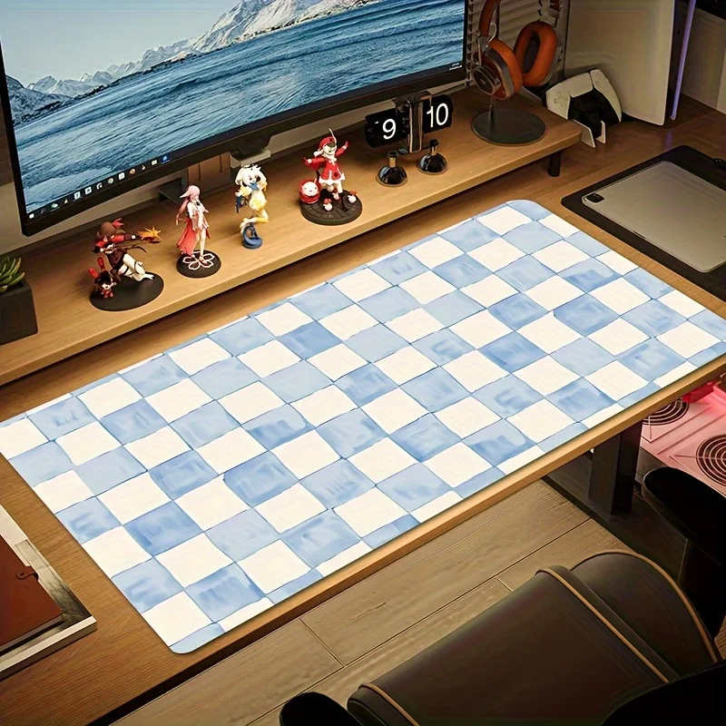 Blue White Checkered Desk Mat Large Non-Slip Rubber Base Gaming Mouse Pad Minimalist Workstation