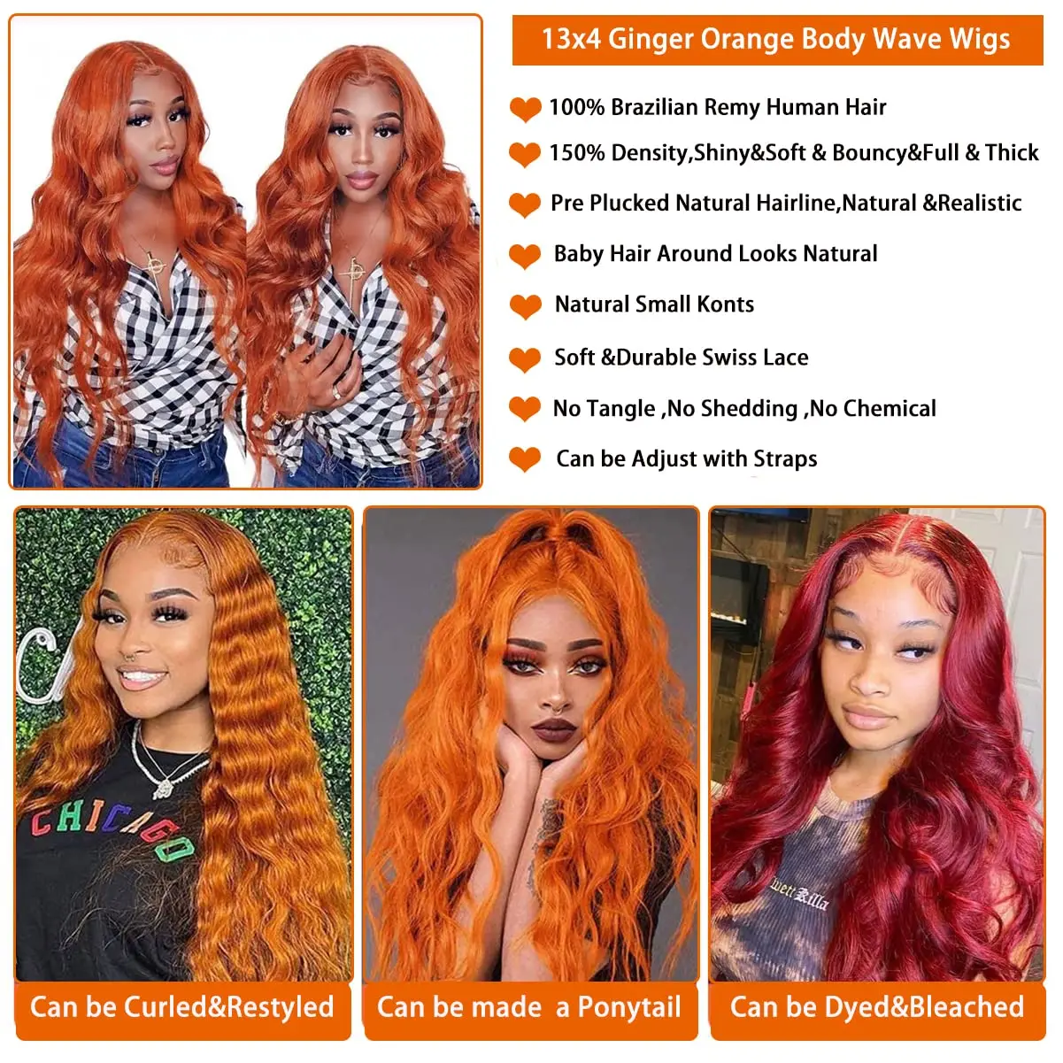 Orange Ginger Lace Front Cabelo Humano, Peruca de Onda Corporal, Perucas Frontais para Escolha, Perucas Brasileiras Coloridas, 30 Polegada, 13x6 HD, à venda