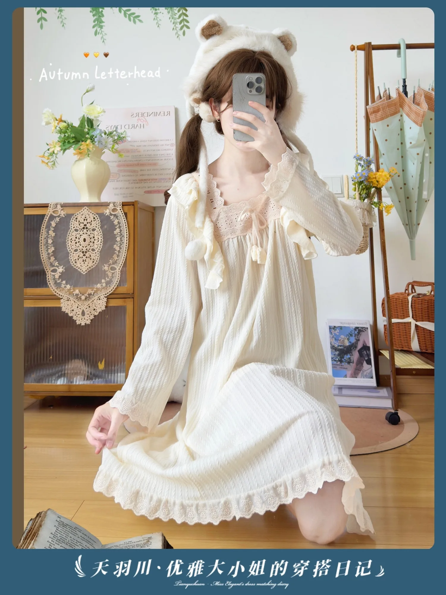 Lolita Princess Nightgown Long Sleeve Lace Ruffle Square Collar Loose Fall Sweet Victorian Loungewear Wear‑outside Sleep Dress