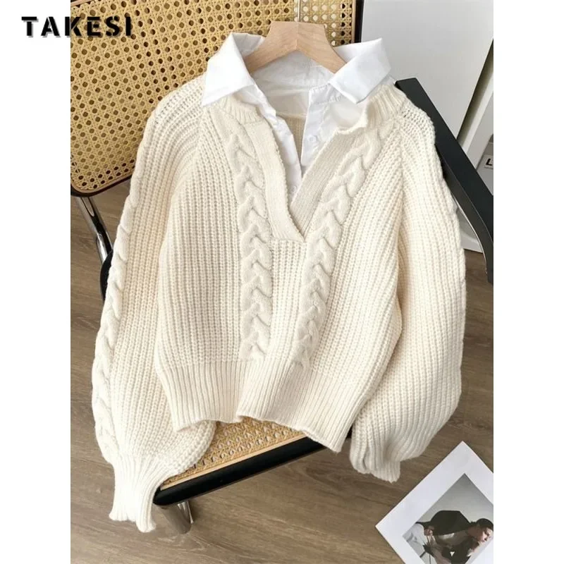 

2023 Winter Casual Basics Knitting Long Sleeve Pullovers Women's All-match Loose Fit Fake Two Piece Knitwear Sweater Top