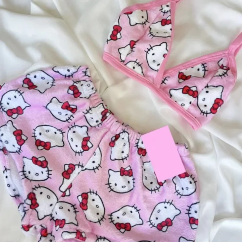 Cute Pink Hellokitty Girls Pajama Vest Shorts Loose Ladies Two-Piece Womens Cartoon Sleep Bottoms Lounge Homewear Sleepwear Suit