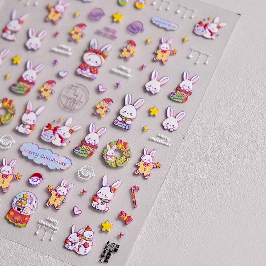 Winter Christmas Santa Claus Rabbit Penguin Elk Snowflakes 5D Embossed Relief Self Adhesive Nail Art Stickers 3D Manicure Decals