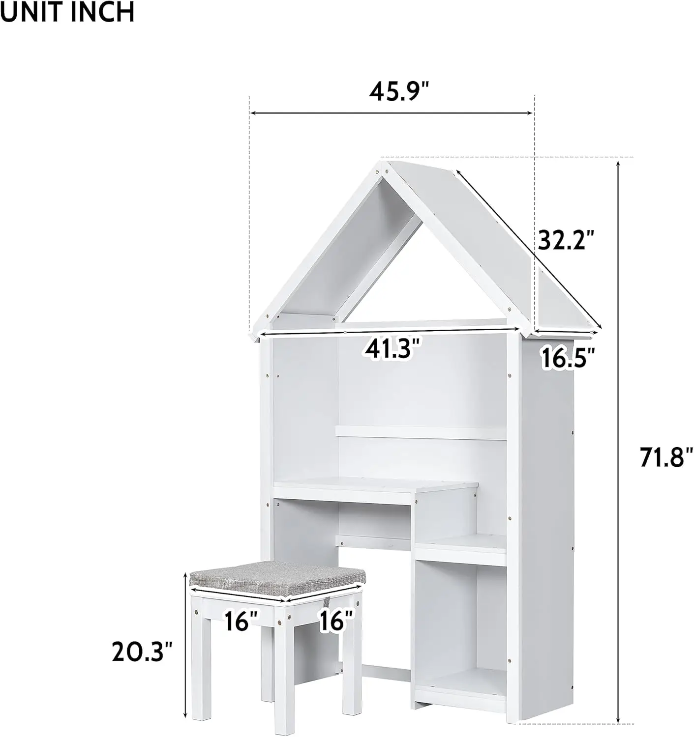 Dolonm Kids Desk And Chair Set, Wooden Kids Computer Desk With Detachable Cushion Stooll, House-Shaped Desk With Storage Shelf