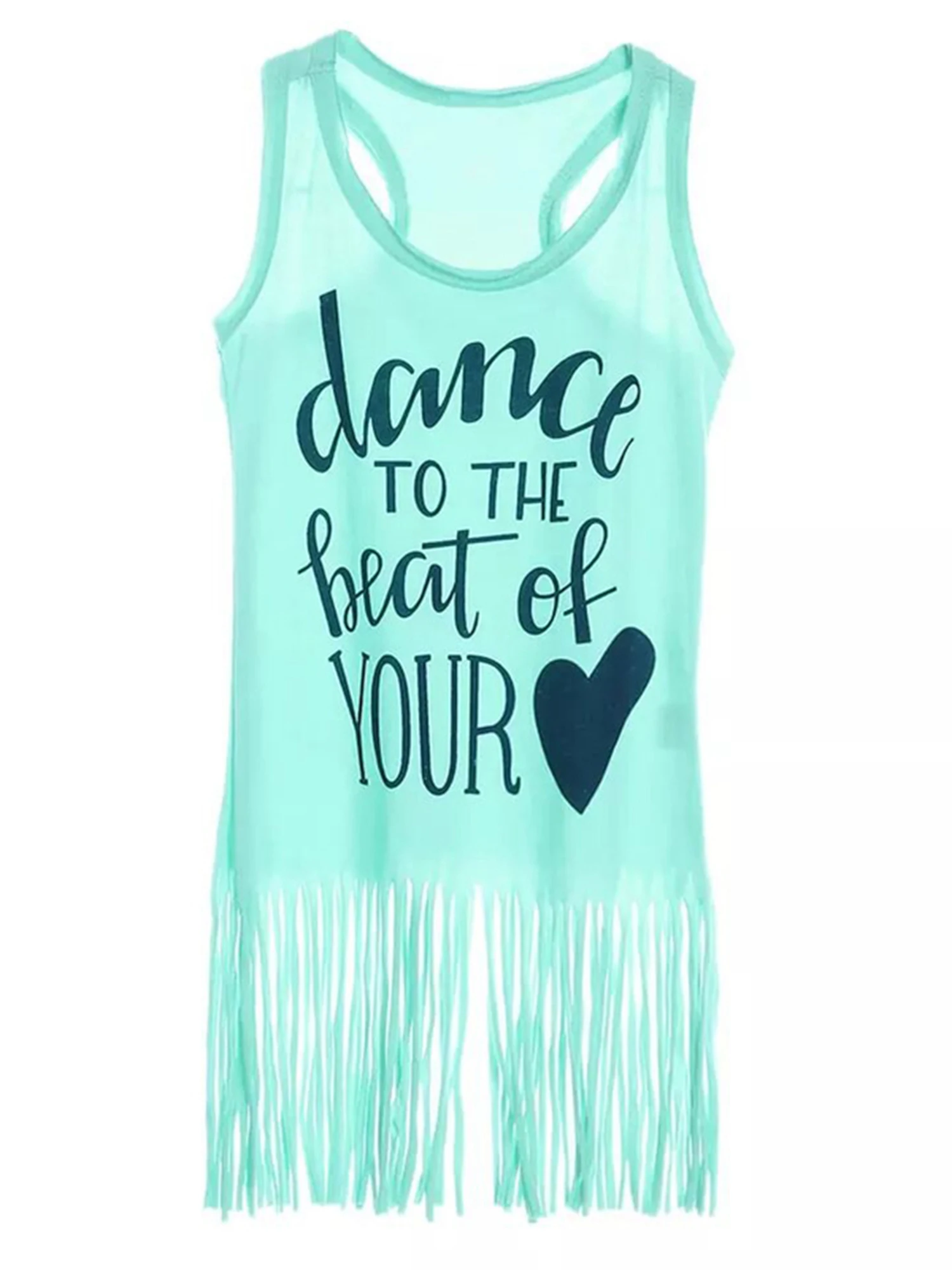 Girl’s Summer Casual Sleeveless Dress Unique Letter Round Neck Tassel Straight Princess Dress