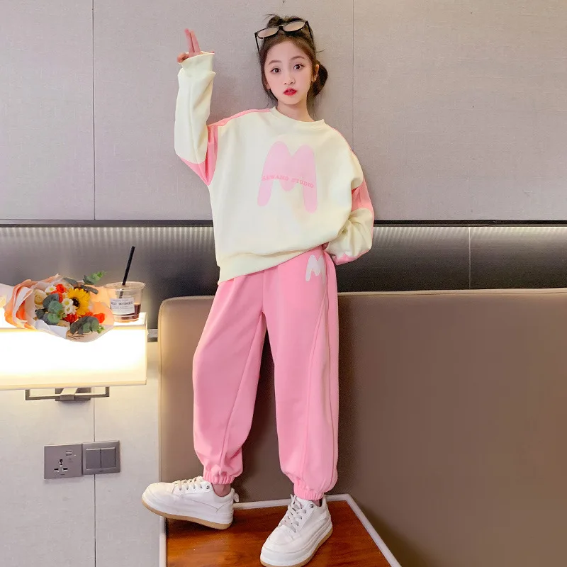 

2024 Spring Autumn Children Girl Sport Set Teenager Girl Contrast Letter Sport Shirt+ Sweatpants Child Jogging Sets 4-12Years