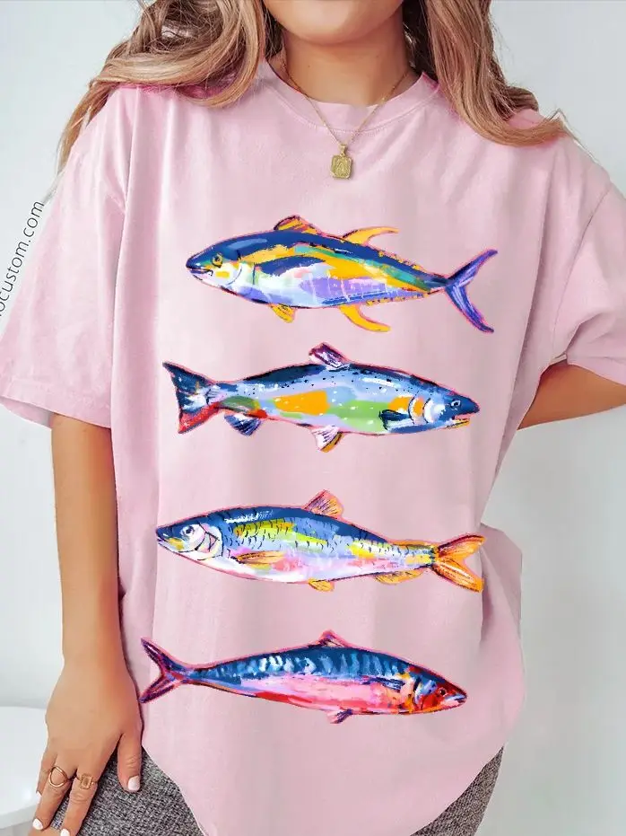 

Hand-Painted Fish Elements, Women's T-Shirt, Y2k Graphic Tee, Hand-Painted Bunny Art,Korean Style Summer Top, Oversized Fit 2025